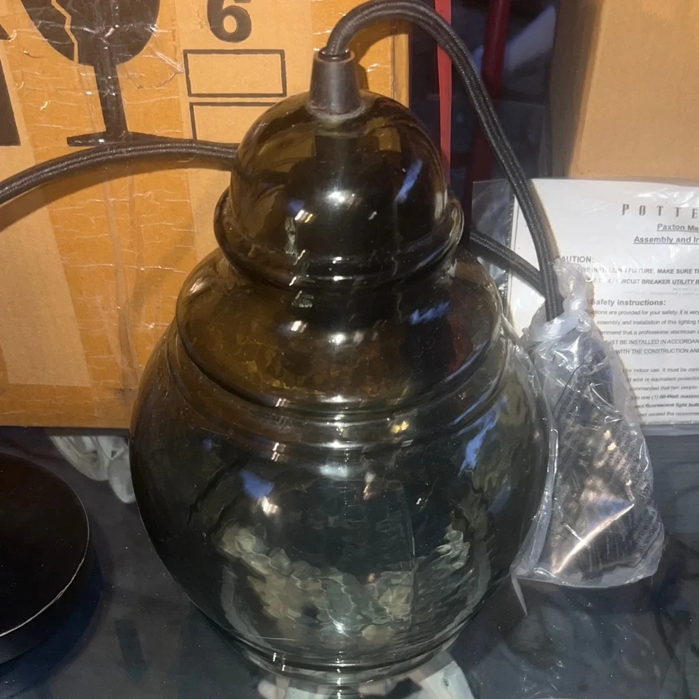 New in Box Pottery Barn Paxton Medium Smoky Glass Pendant Light in Dark Gray